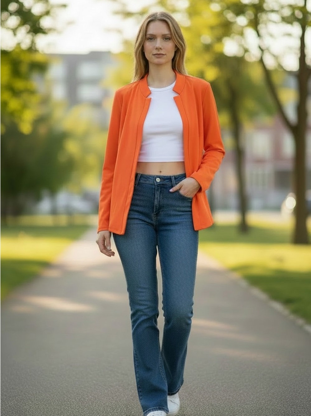 Bright Summer Orange Modern Open Front Cardigan - Lightweight -  Size Large